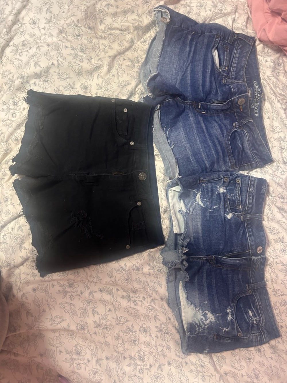 3 pairs of jean shorts 2 pairs are American eagle then I’m not sure of the black